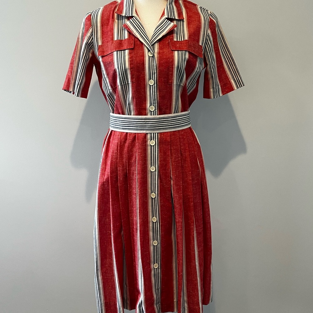 Vintage 70s Women’s Nantucket red, white, blue belted button shirt dress small 8